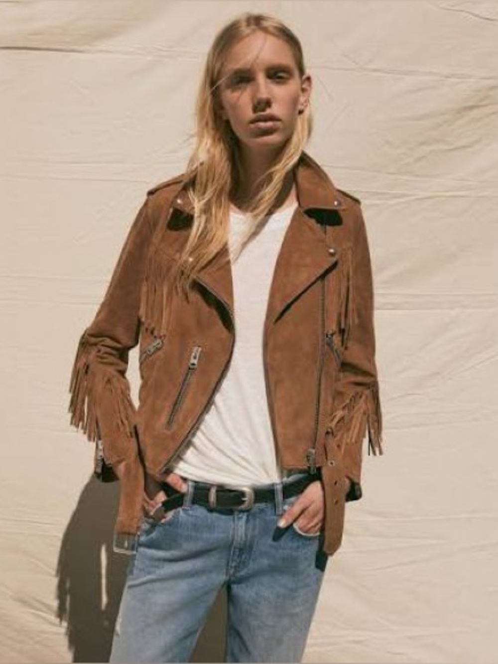 ALLSAINTS Brown Suede Balfern Tassel Fringe Moto-zip jacket